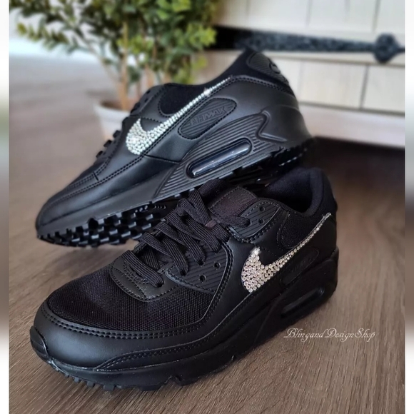 Bling Nike Air Max 90 Women's Leather Black Shoes Customized with Crystals - Picture 4 of 7